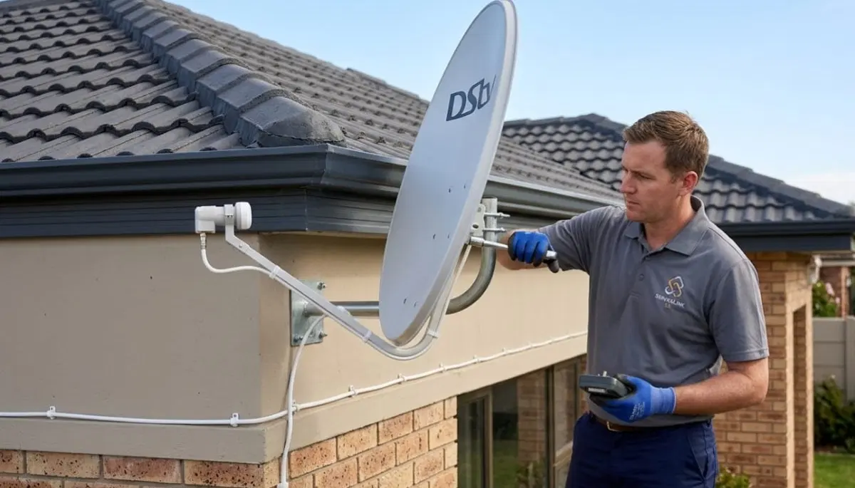 Technician checking satellite cable connections for DSTV to diagnose E48-32 error