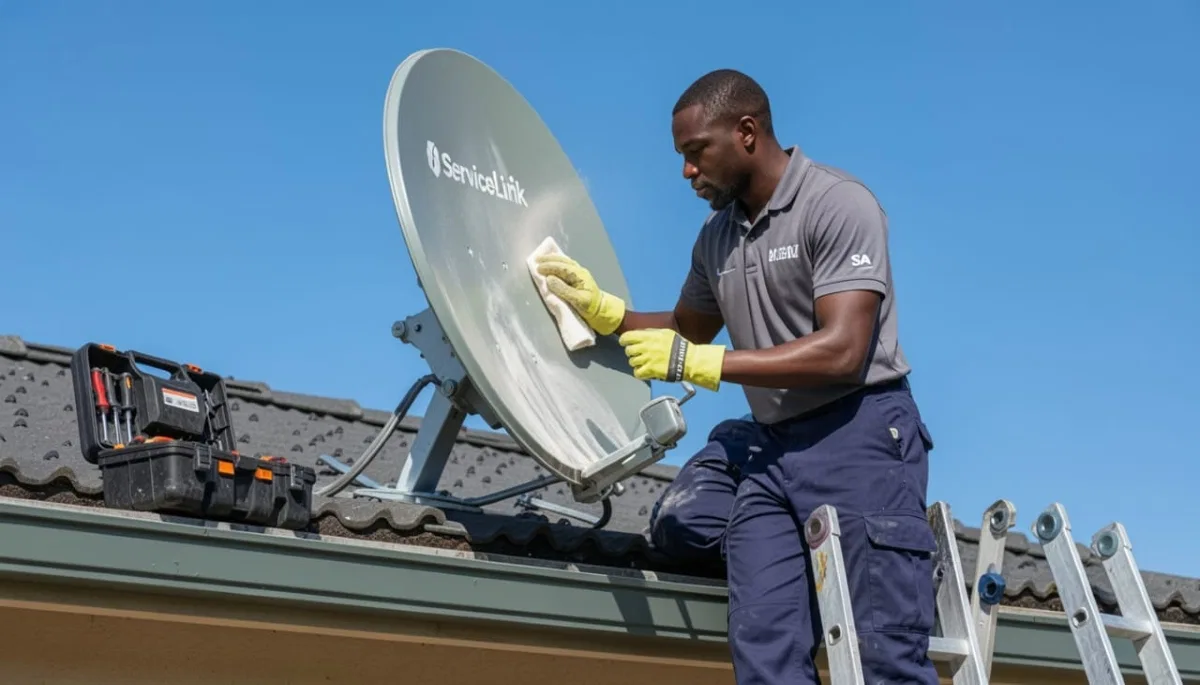 Cleaning satellite dish for maintenance – removing dirt and debris that can affect signal