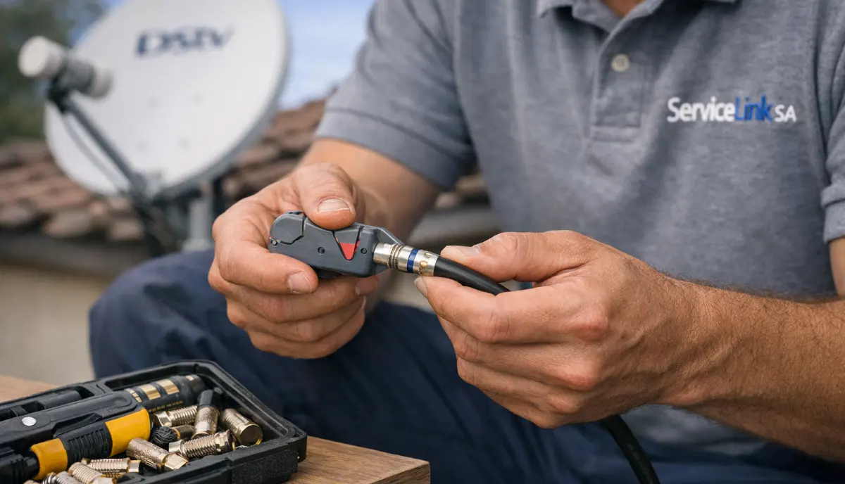 RG6 coaxial cable with compression F-connector for DSTV installation showing proper preparation