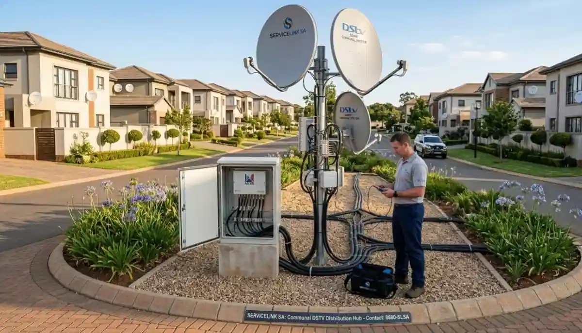 Communal DSTV dish system on estate roof serving multiple townhouses without individual dishes