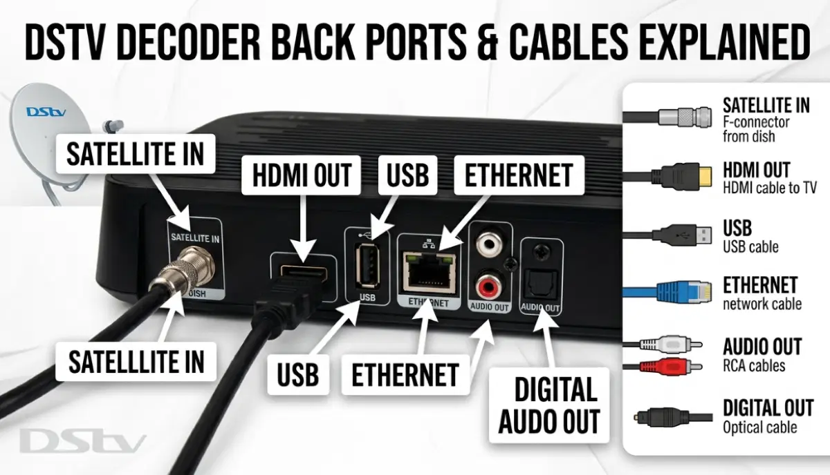 DSTV decoder back panel showing serial number location and ports for activation