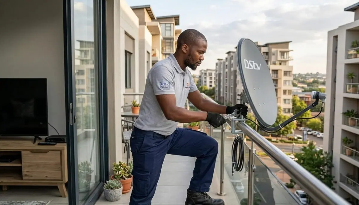 DSTV dish mounted on apartment balcony railing showing proper installation for flat dwellers