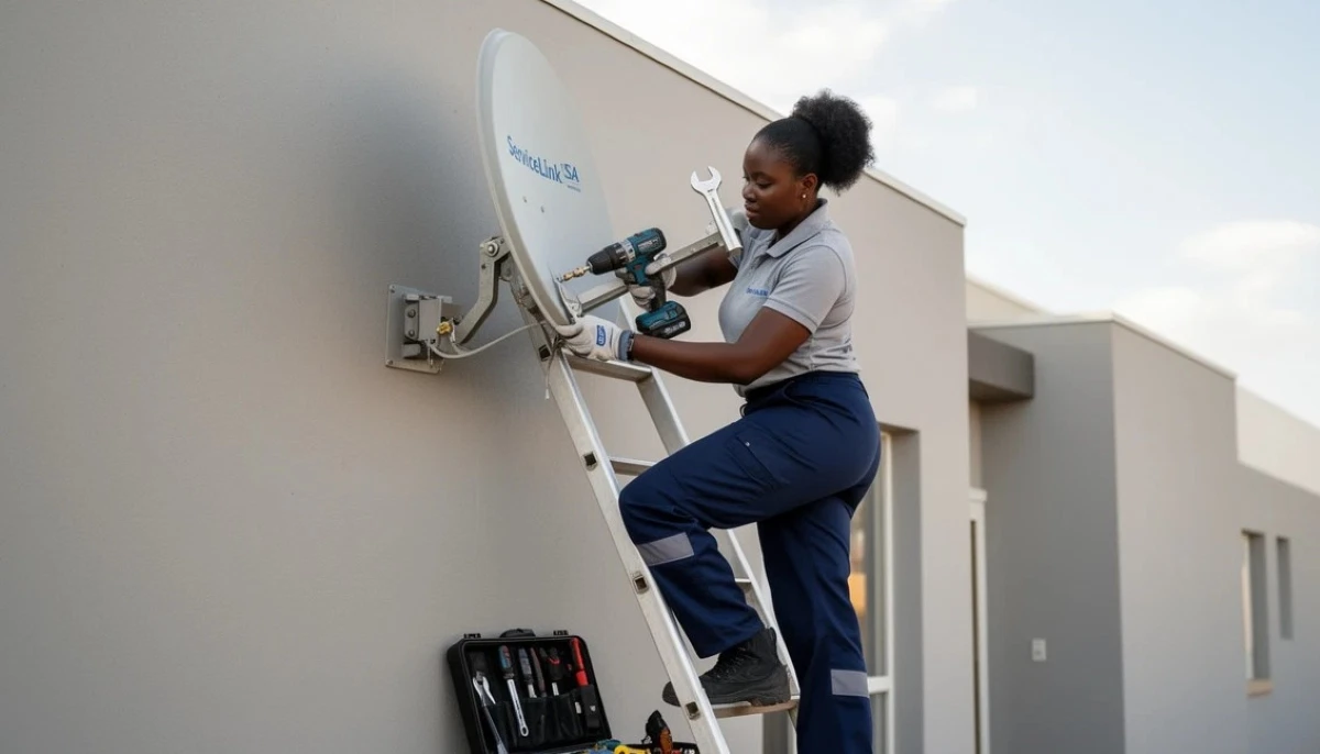 DSTV dish wall mount installation on brick wall showing secure bracket attachment and cable management