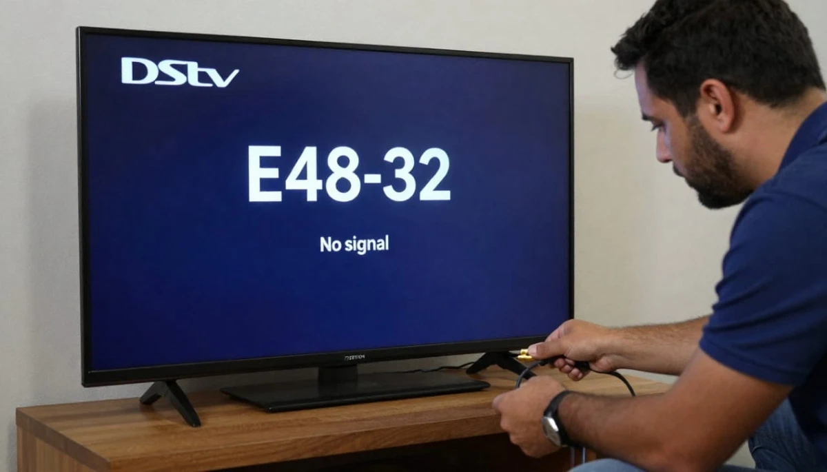 DSTV E48-32 error message displayed on television screen with blue background indicating no signal