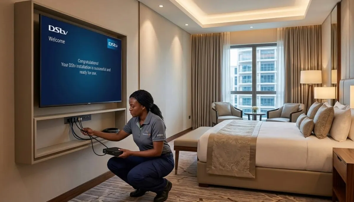 Professional DSTV installation in hotel room showing wall-mounted TV with decoder setup for guest entertainment