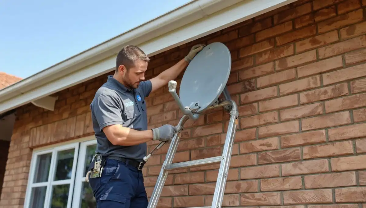 DSTV dish installation on wall-mounted bracket showing secure attachment to brick wall