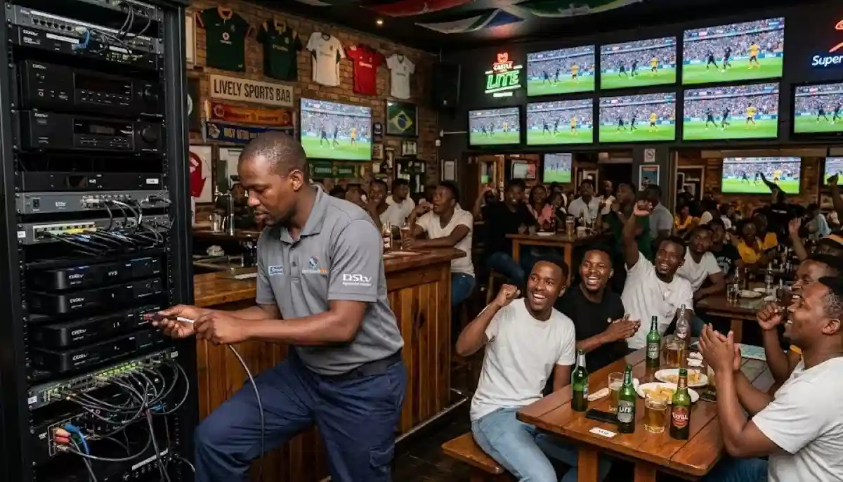 Multiple DSTV screens in shebeen or tavern showing sports for customers – professional commercial installation
