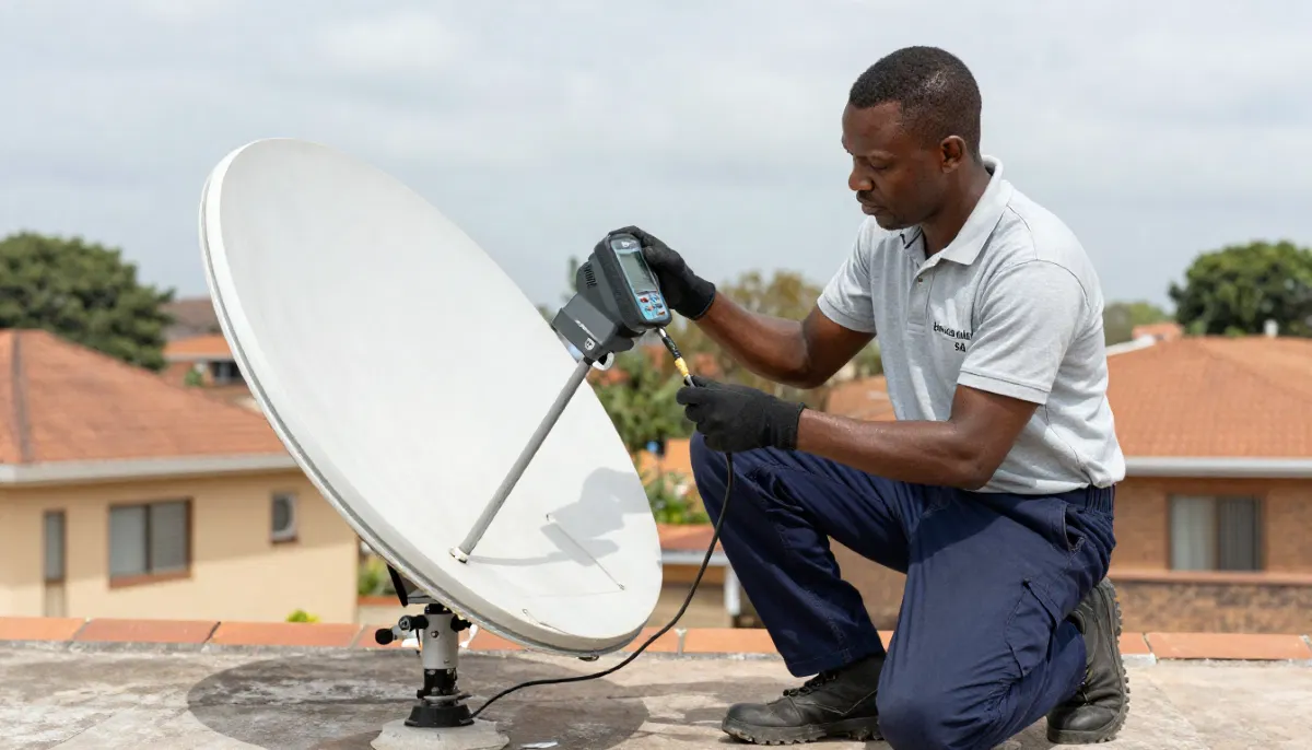 Accredited DSTV installer aligning satellite dish with professional signal meter for optimal reception