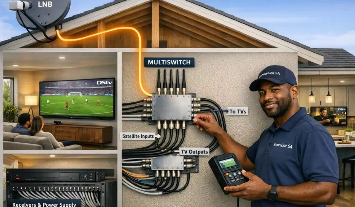 DSTV multi-room TV distribution system diagram showing one dish feeding multiple TV points in different rooms