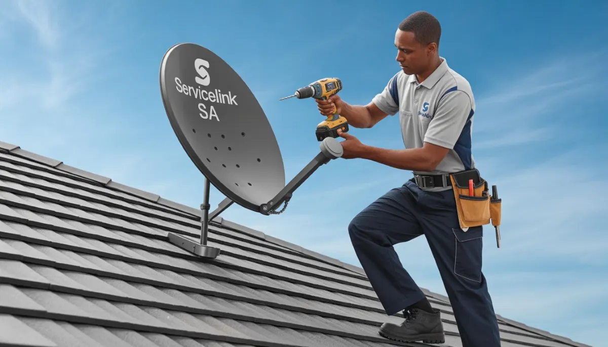 Local DSTV installer mounting satellite dish on house roof in South African suburb