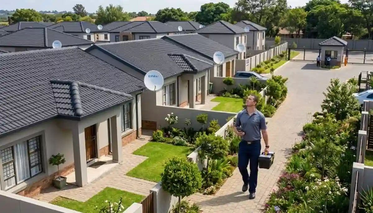 DSTV satellite dish installed on townhouse roof in complex showing proper mounting within body corporate rules