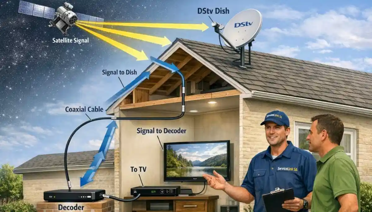Diagram showing DSTV satellite signal path from space to dish to decoder to television in home