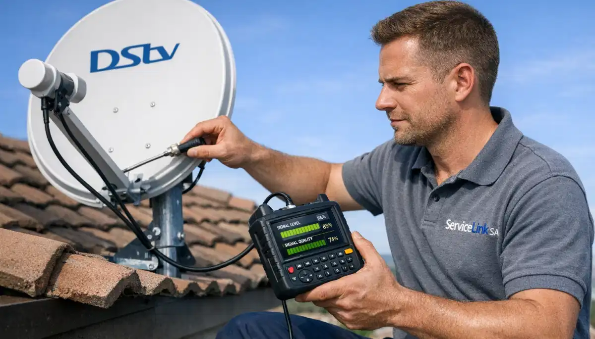 DSTV technician testing signal strength on tablet after installation to verify quality