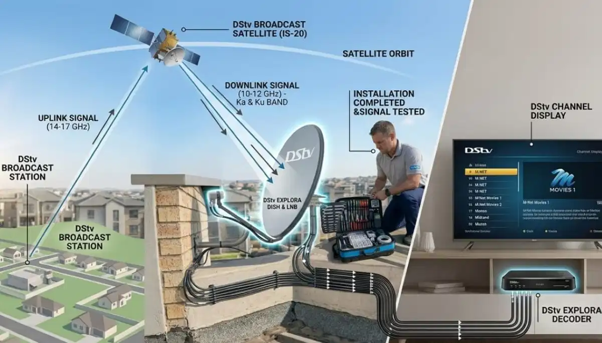 Diagram showing how satellite TV signal travels from space to dish to decoder to television
