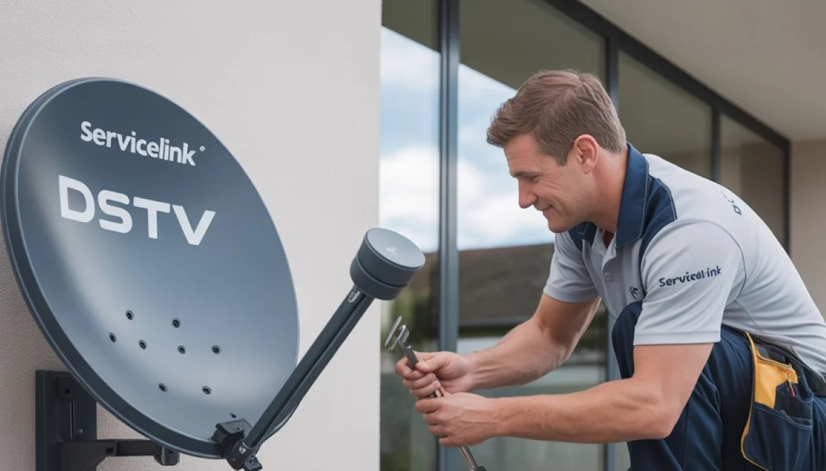Professional DSTV installation technician working on satellite dish with tool belt and safety equipment