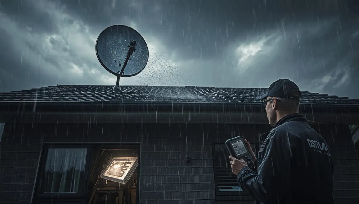 Rain fade satellite signal problem showing heavy rain disrupting DSTV reception on television