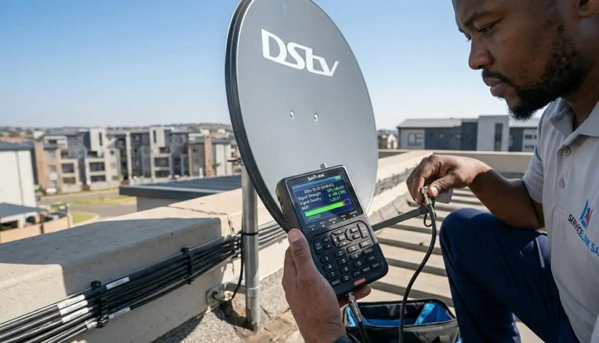 Satellite dish after storm damage showing misalignment and potential water ingress