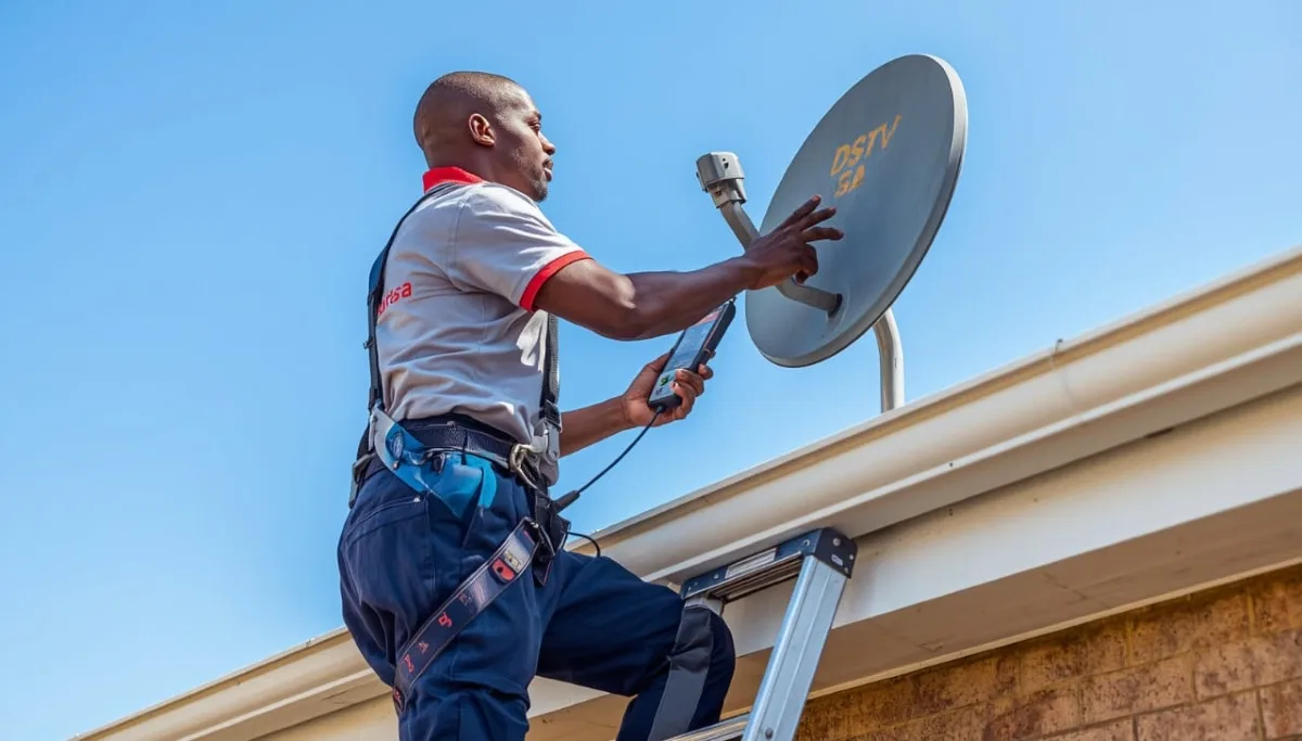 Satellite dish elevation angle adjustment showing technician adjusting the up/down tilt for optimal signal