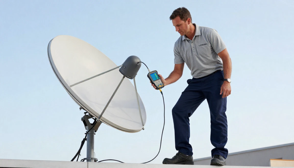Close-up of satellite dish LNB installation showing proper positioning and cable connection