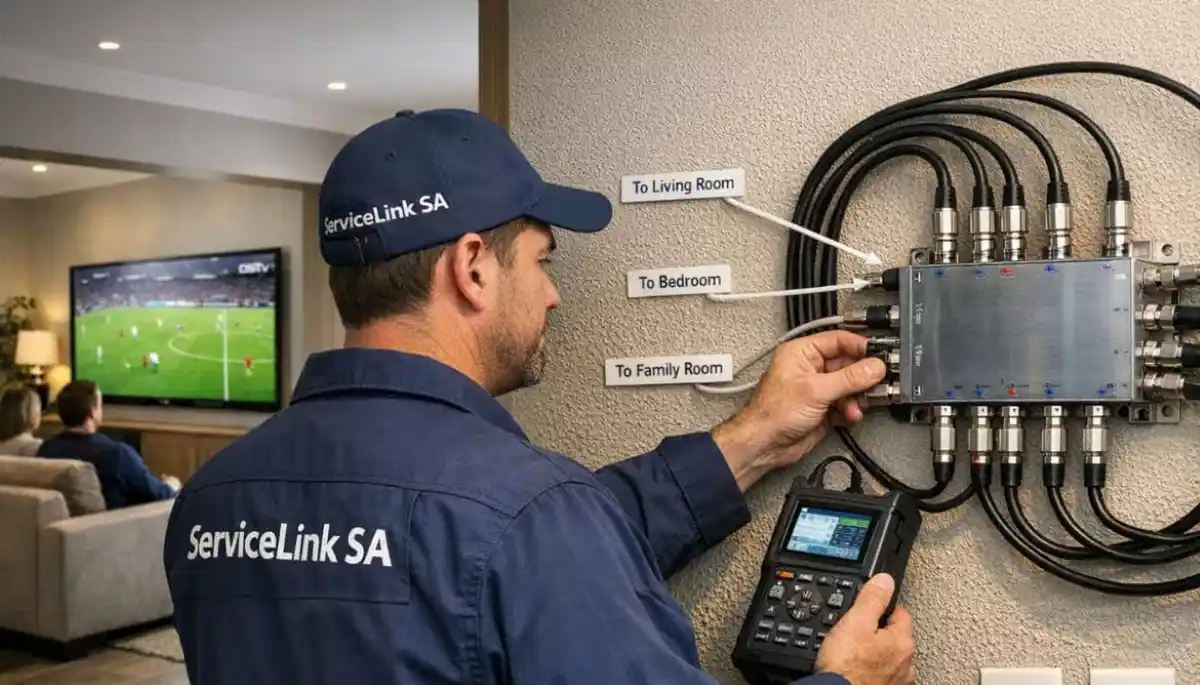 Satellite signal distribution diagram showing how one dish feeds multiple TVs through cabling system