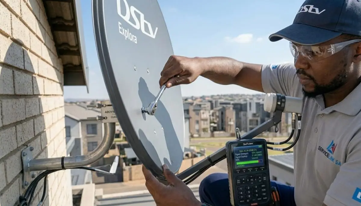 Professional satellite signal meter tool showing signal strength and quality readings for dish alignment