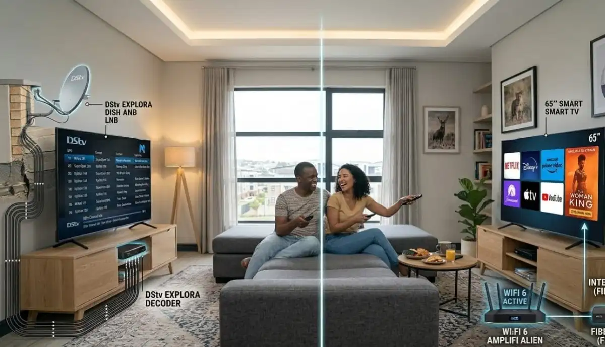 Comparison of satellite dish installation and streaming on smart TV showing different entertainment options