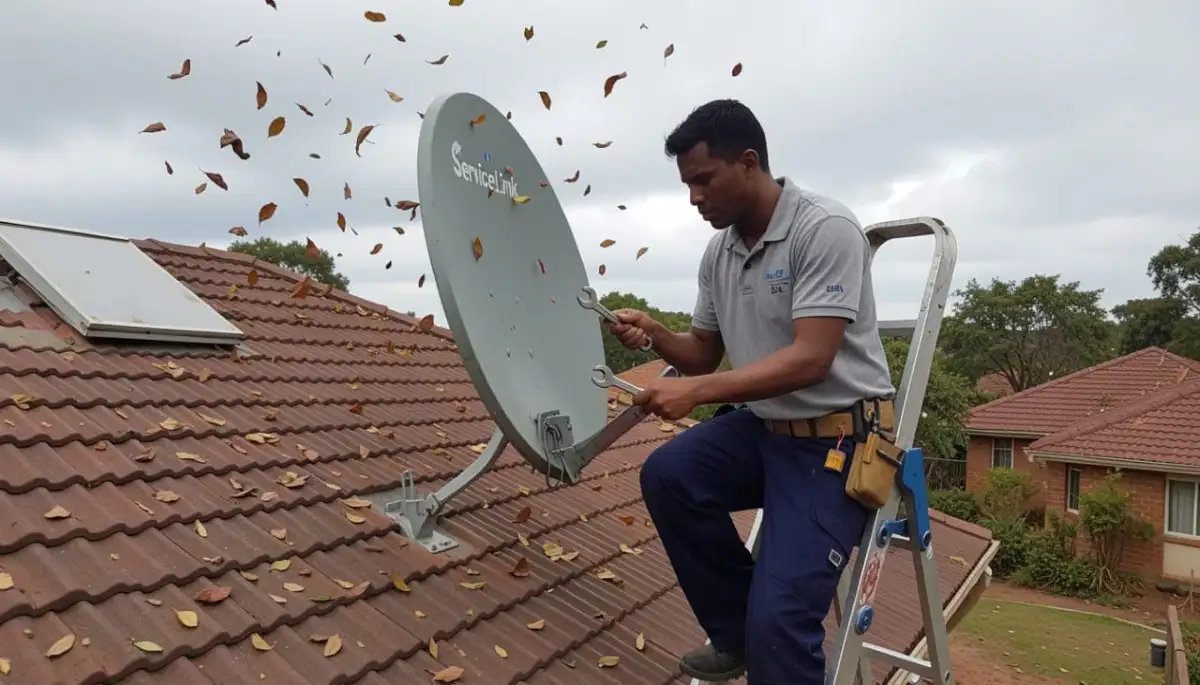 Strong wind affecting satellite dish during storm causing misalignment and signal loss