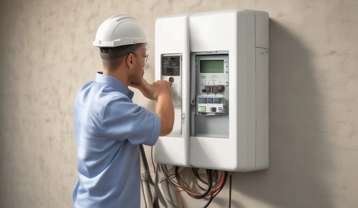 Prepaid meter installation technician installing STS compliant electricity meter in South African home