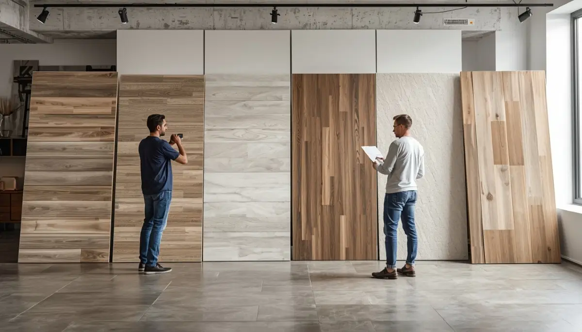 Best flooring types South Africa – selection of laminate, vinyl, tile and wood samples arranged on a floor