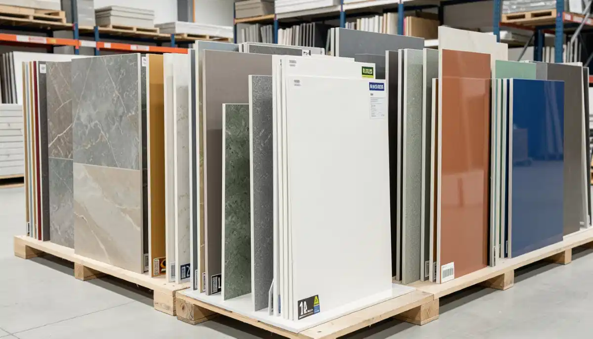 Ceramic and porcelain floor tiles in various sizes and finishes including wood-look and geometric patterns