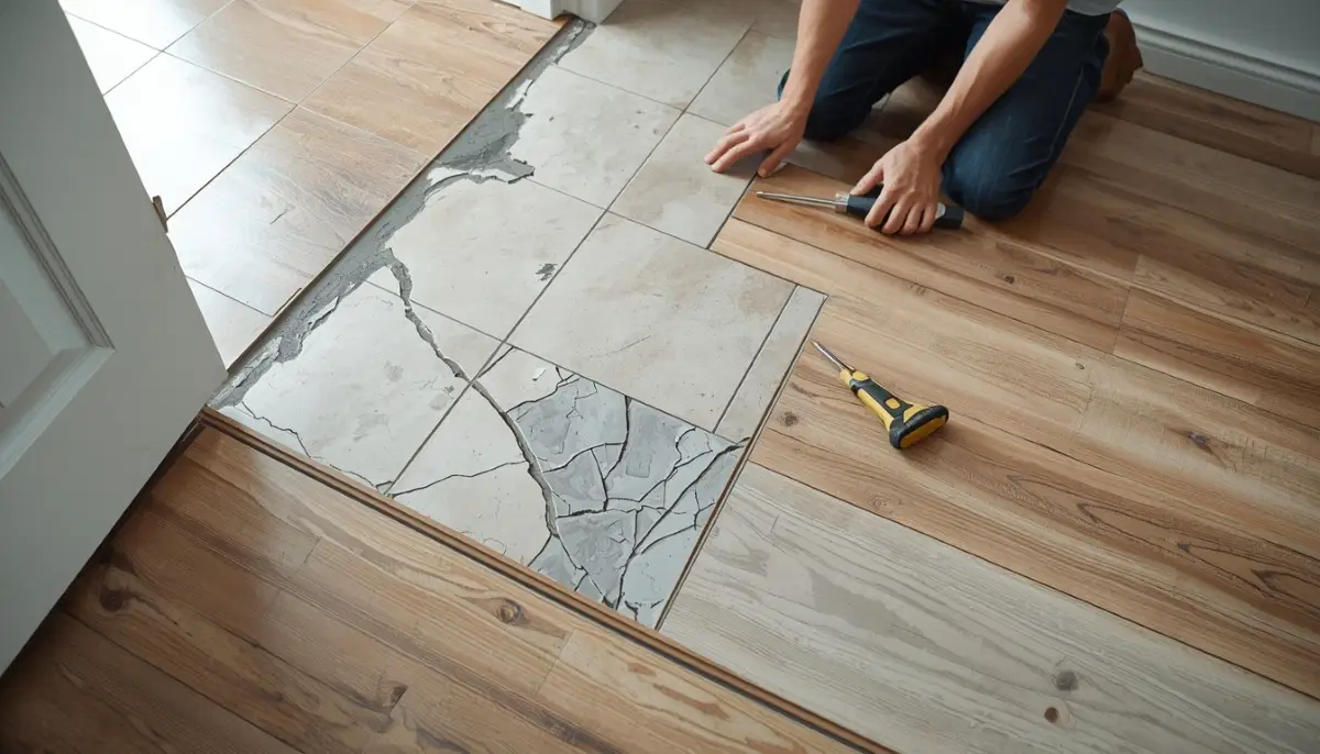 Common flooring problems how to fix them South Africa – person inspecting a damaged floor with scratches and water marks