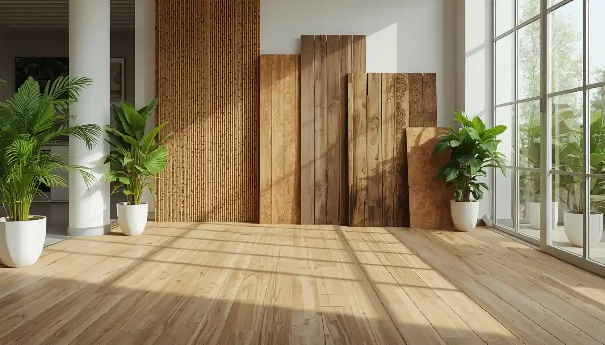 Eco-friendly flooring options 2025 South Africa – bamboo, cork and recycled vinyl samples arranged on a wooden table with green plant