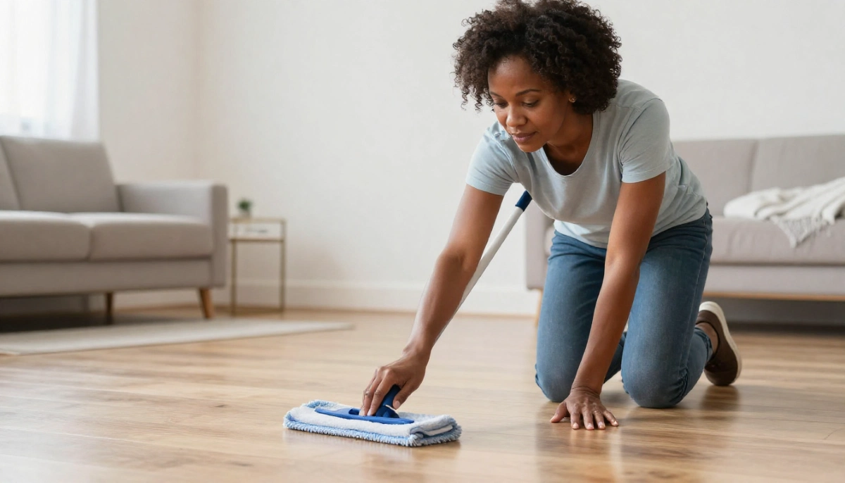 Floor cleaning mop maintenance – using a microfiber mop with a spray bottle of pH neutral cleaner on wooden floor