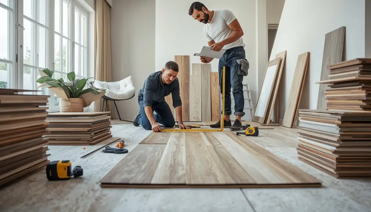 Flooring installation cost South Africa – measuring tape on laminate planks with calculator and quote papers