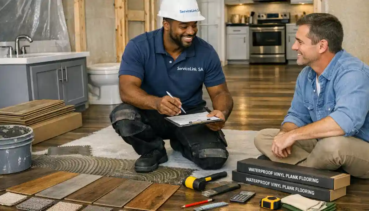 How to choose flooring contractor South Africa – two professionals discussing floor plans and inspection on a clipboard
