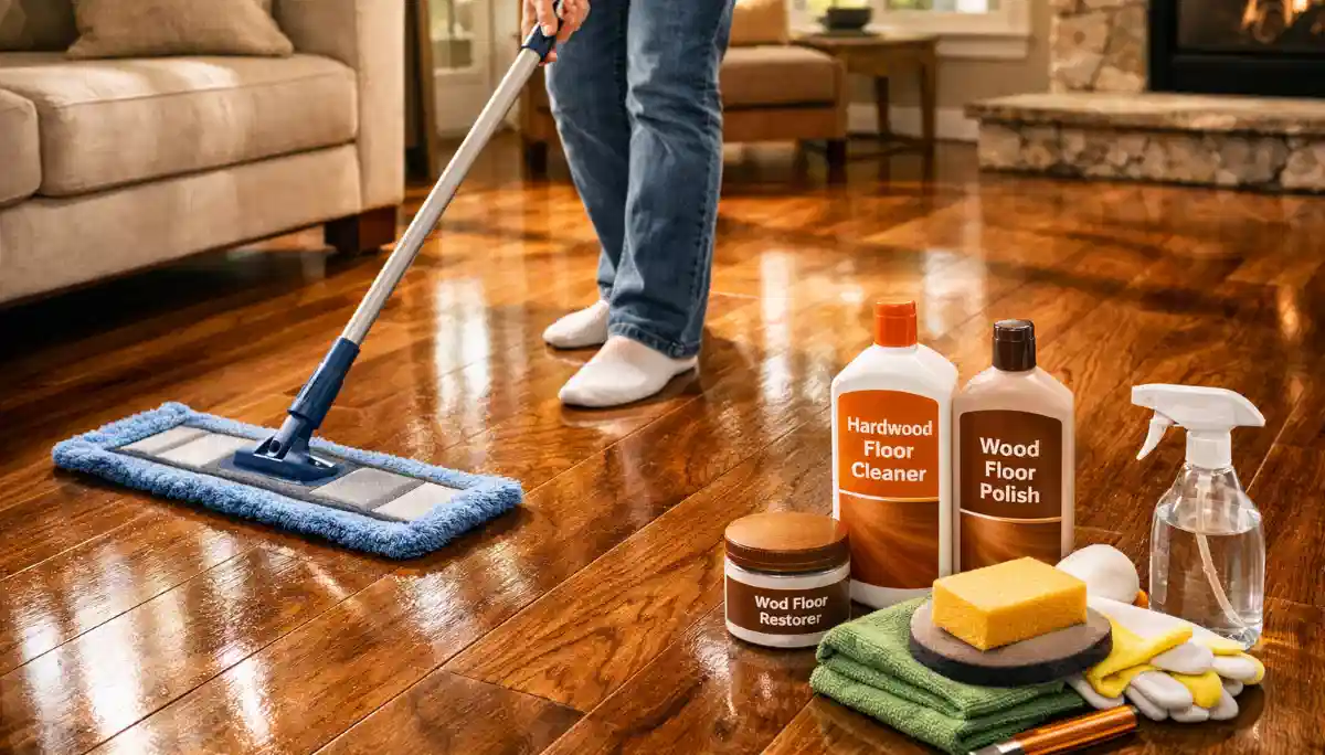 How to maintain wooden floors South Africa – person gently cleaning a beautiful hardwood floor with a microfiber mop