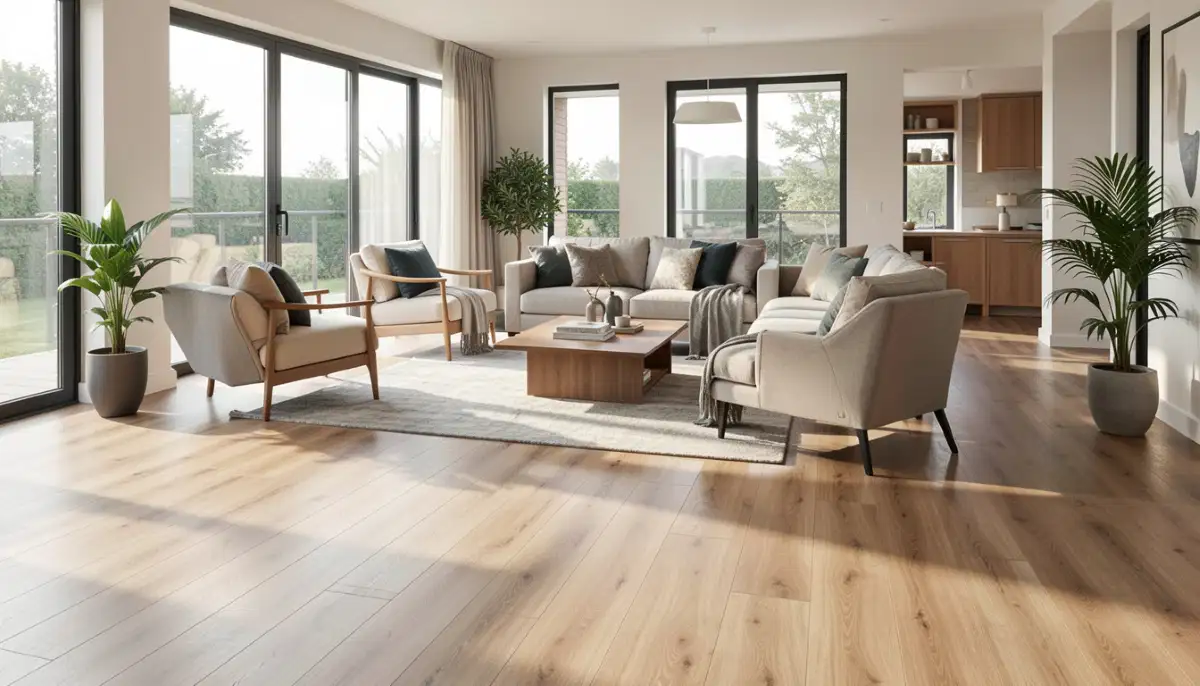 Beautiful laminate floor finished in a modern living room with stylish furniture and natural light