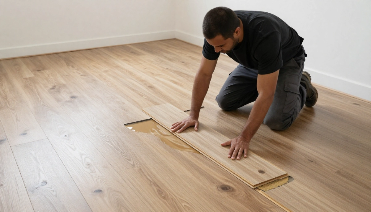 Laminate floor water damage repair – swollen planks being removed and replaced due to moisture exposure