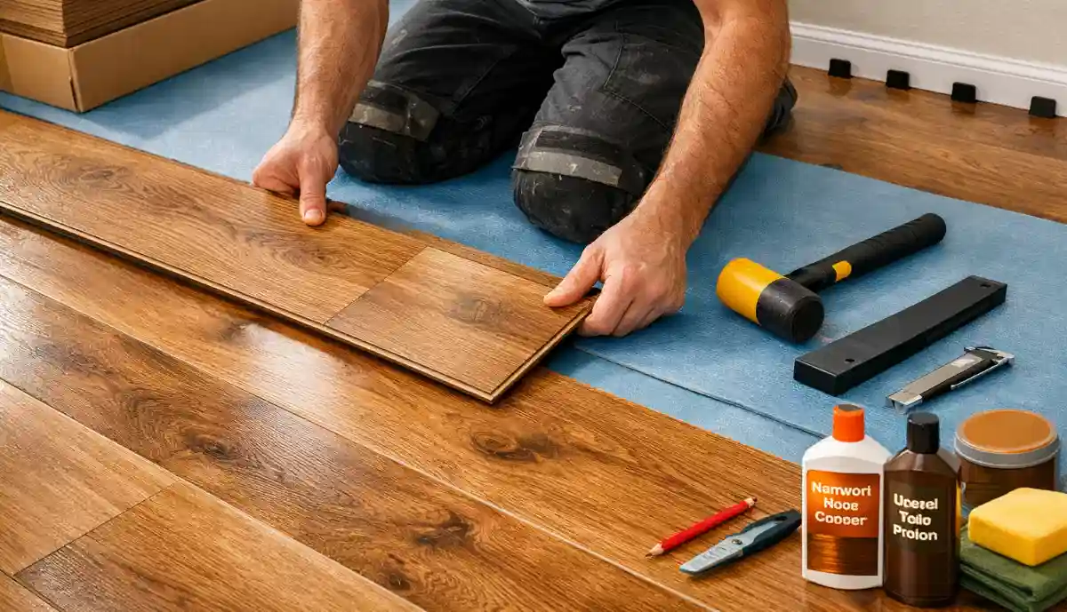 Laminate flooring installation guide pricing South Africa – planks being clicked together with underlay visible