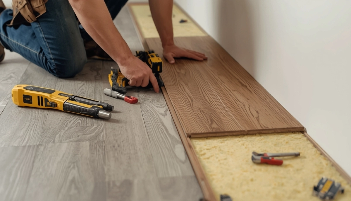 Laminate flooring installation process showing underlayment being laid and planks clicked into place by installer