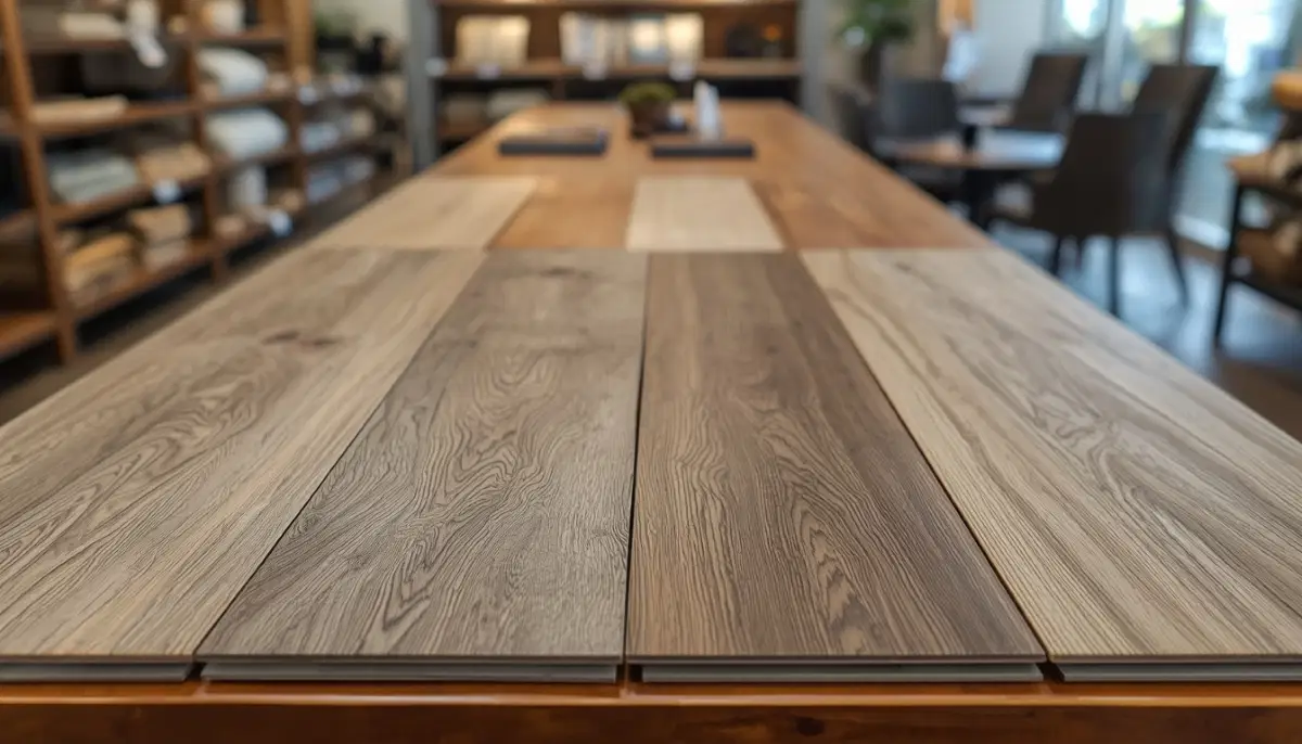 Laminate flooring planks samples showing different wood-look finishes and AC ratings on display