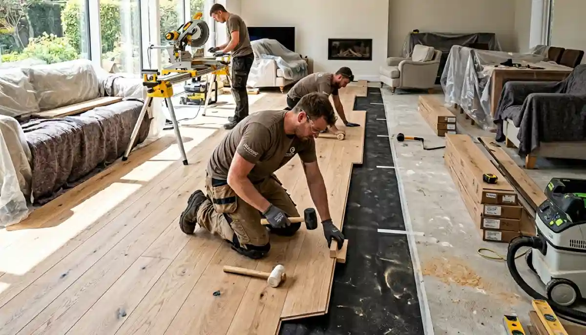 Open plan living area during flooring installation showing seamless transition between rooms