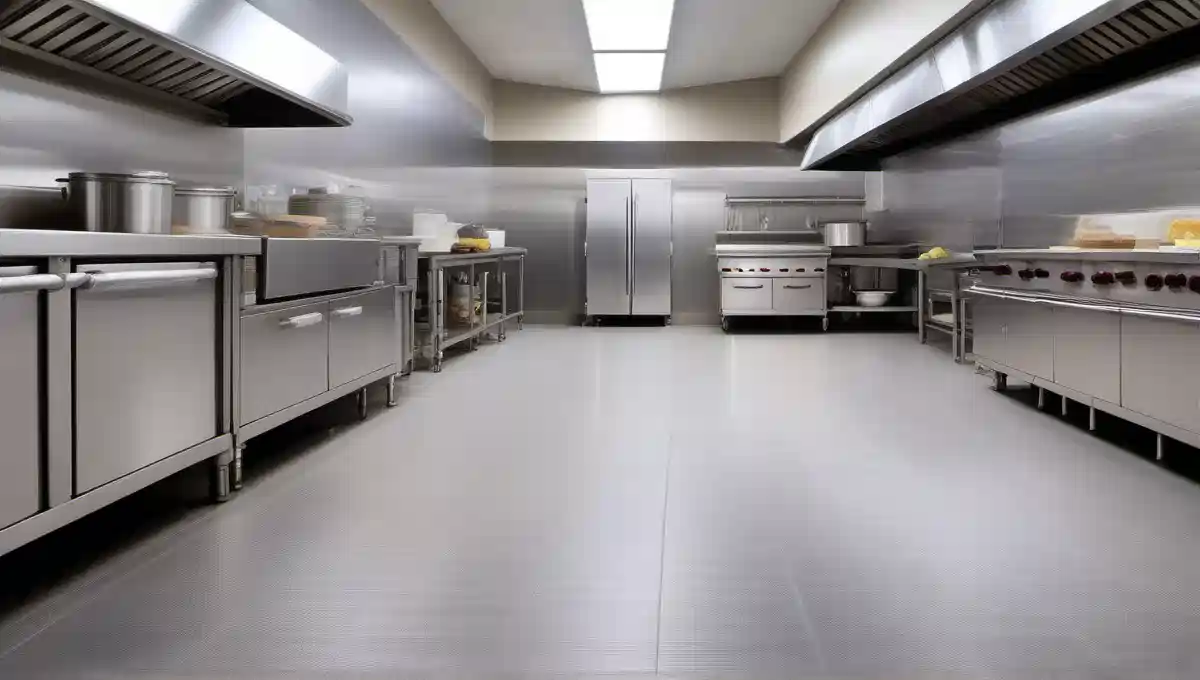 Restaurant commercial kitchen flooring with textured vinyl sheet flooring for slip resistance and durability