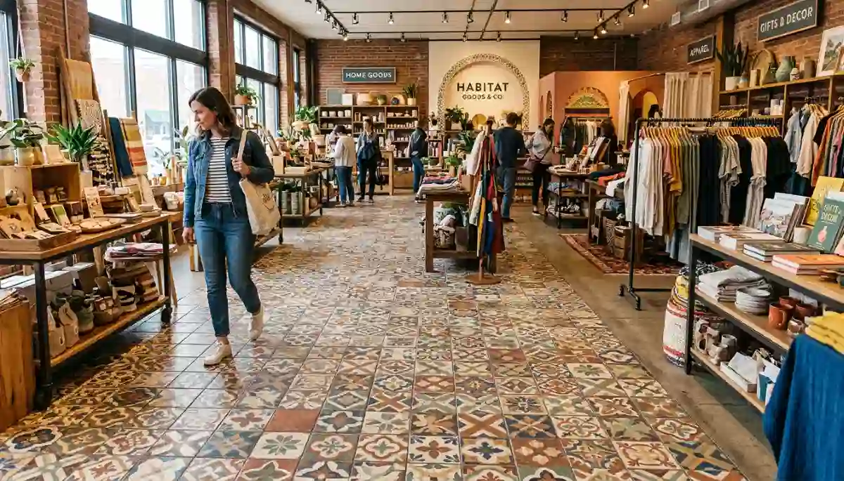 Retail store floor tiles design with geometric pattern and high-gloss finish in a commercial space