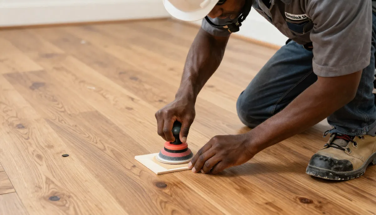 Scratch damaged wood floor repair – close up of a deep scratch being filled with wood filler and a putty knife
