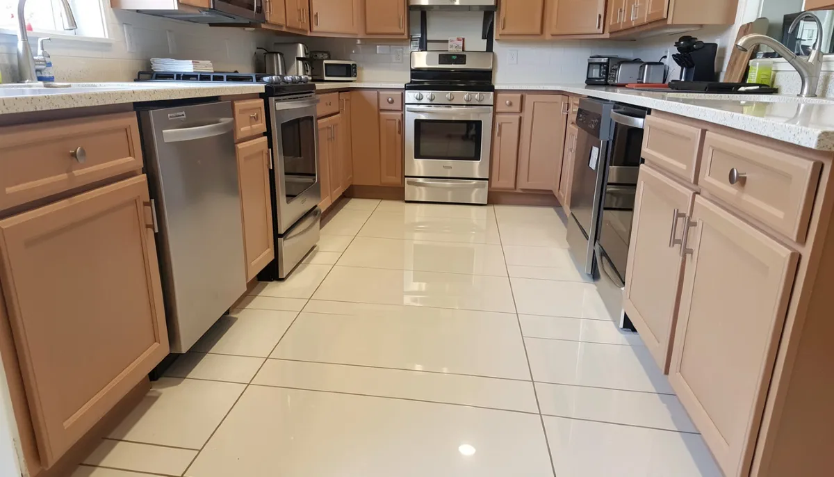 Tiled floor finished in a modern kitchen with large format tiles and clean grout lines