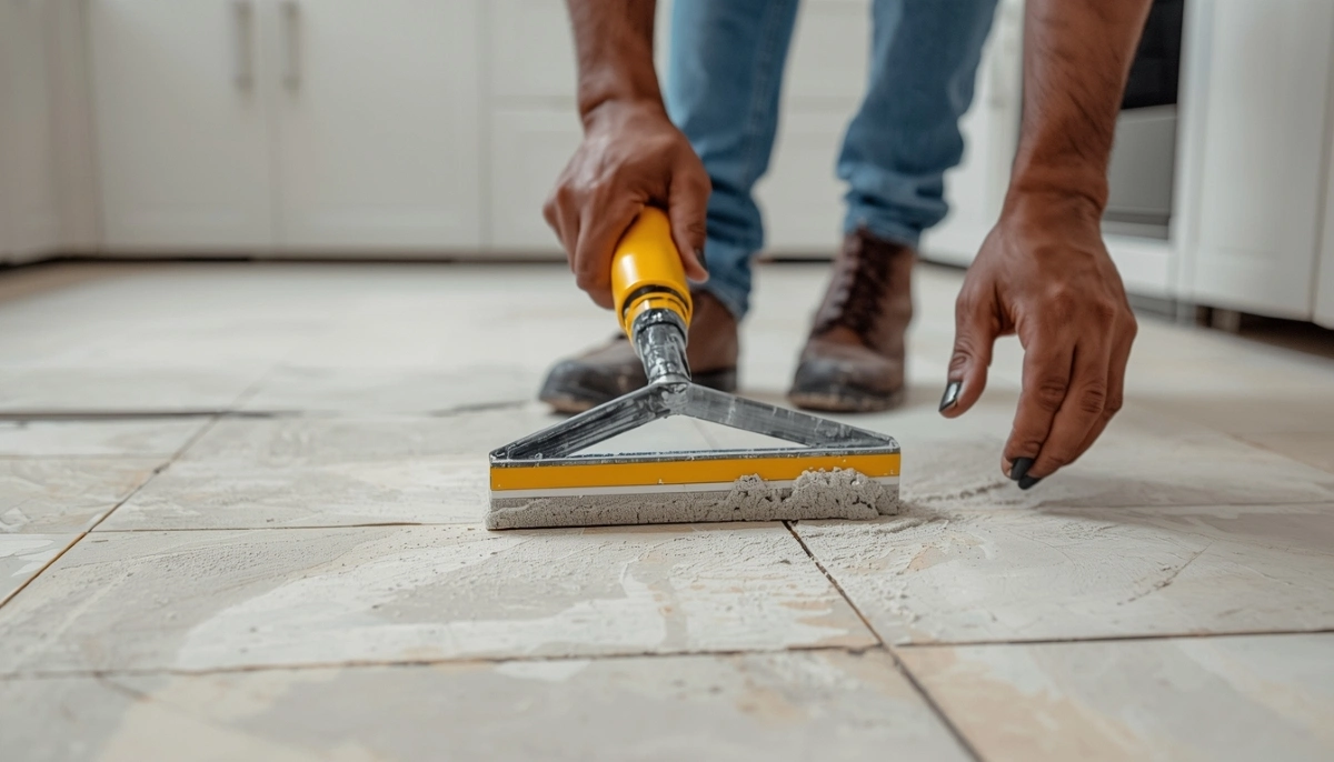 Tile flooring installation grouting process with rubber float applying grout between large format tiles