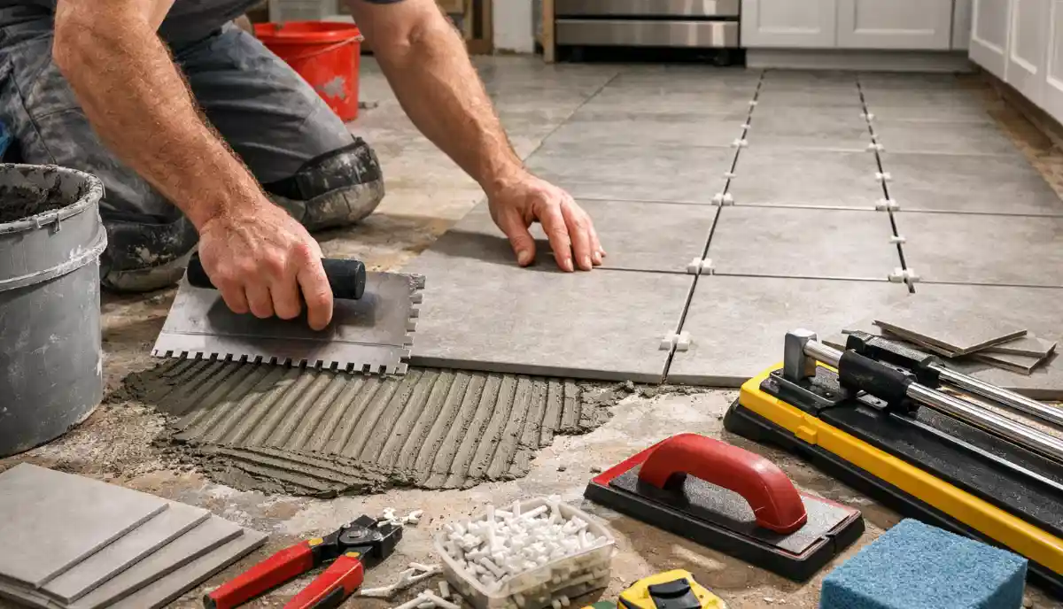 Tile flooring installation process costs South Africa – tiler laying large format porcelain tiles with spacers and leveling system