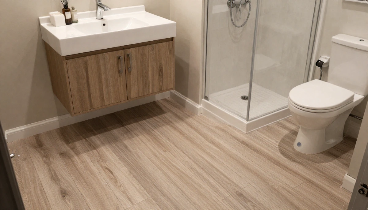 Waterproof vinyl floor finished in a modern bathroom with white fixtures and natural light creating a warm feel