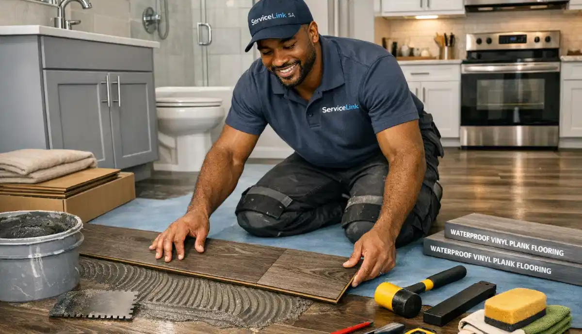 Vinyl flooring bathrooms kitchens waterproof options South Africa – modern bathroom with wood-look vinyl planks and white fixtures